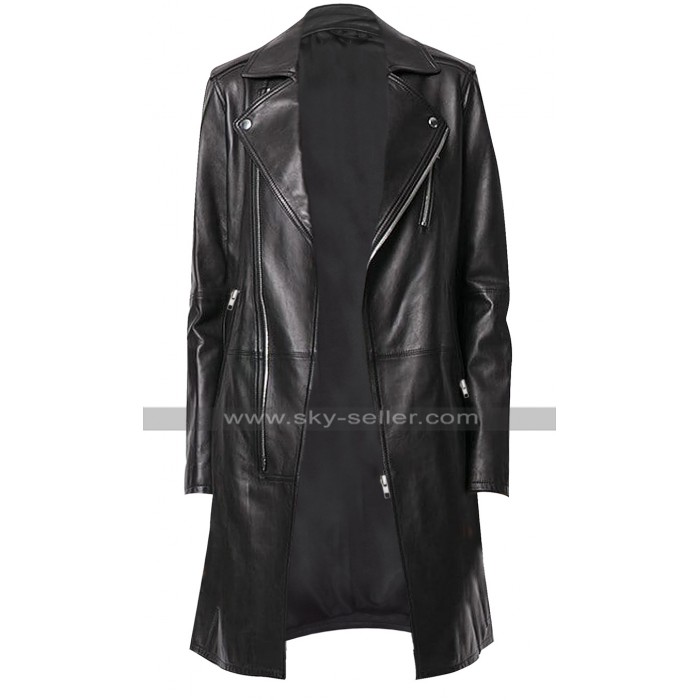 Womens Black Slim Fit Lapel Collar Mid Length Leather Trench Coat